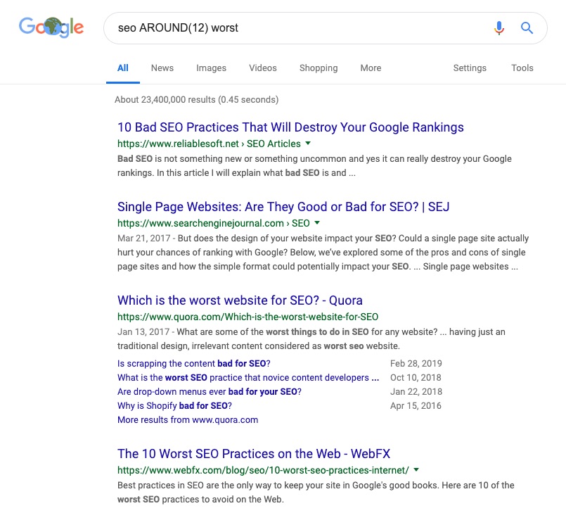 seo_AROUND_12__worst_-_Google_Search Google Advanced Search Operators: 50+ Google Search Commands