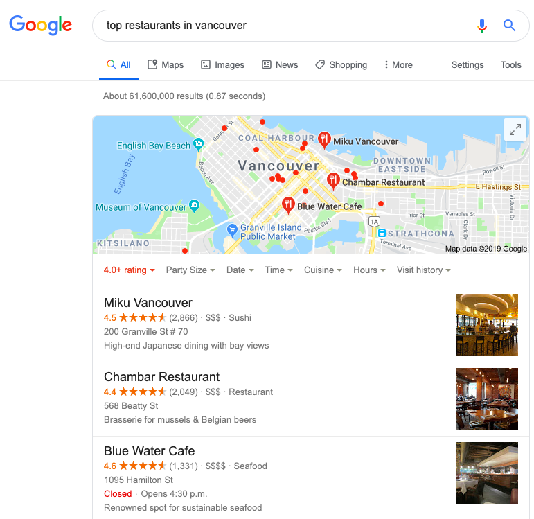 Local Map Pack Example For Restaurants in Vancouver