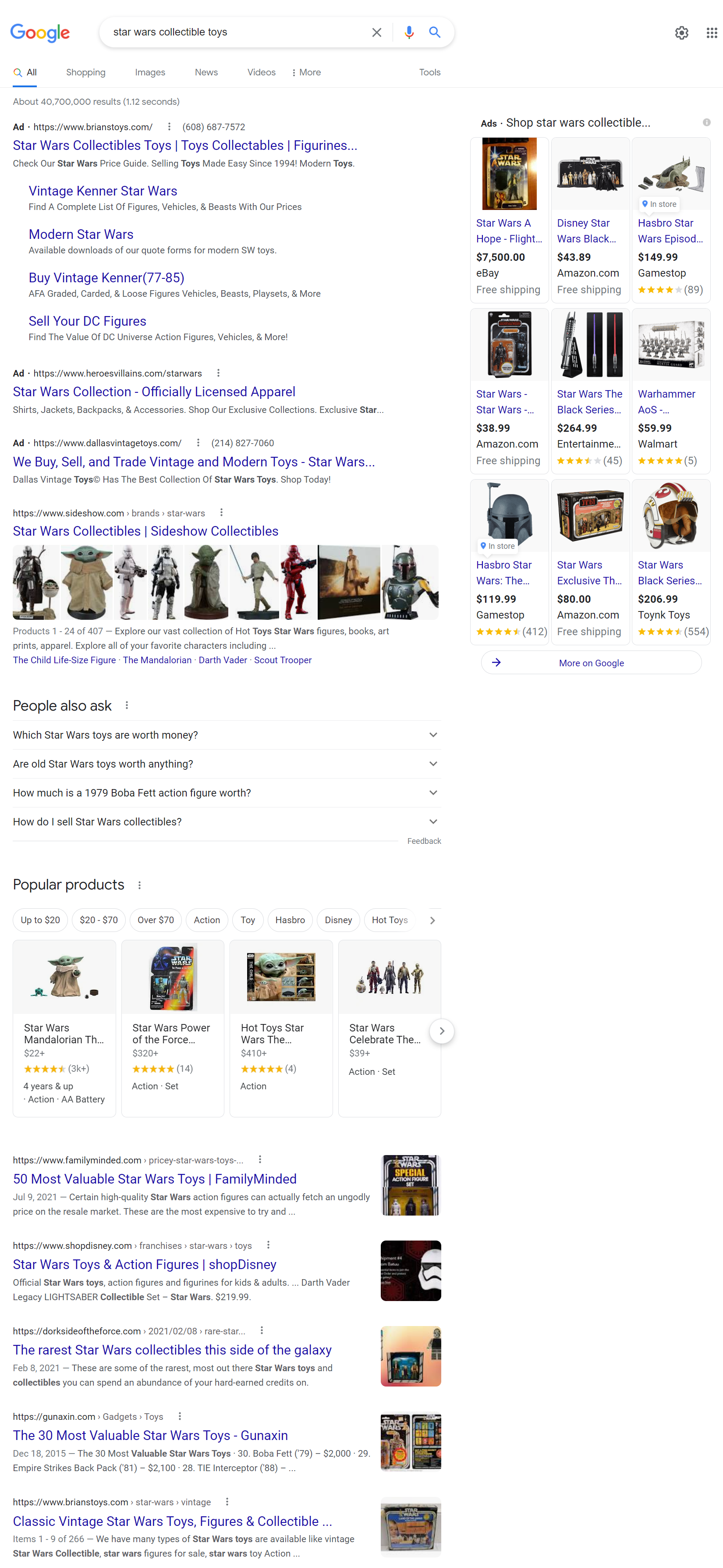 SERP results for "star wars collective toys" with images in a variety of sections on the page