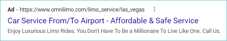 Google ad with headline car service from/to airport -- affordable & safe service