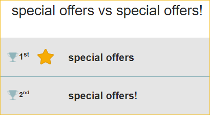 The phrase special offers is shown in first place over special offers with an exclamation point in second place. 