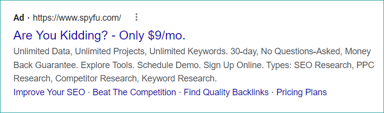 Google ad with headline Are You Kidding? Only $9 a month