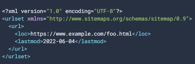 Example of XML tags that show a URL using the ,<loc> tag as well as the <lastmod> tag